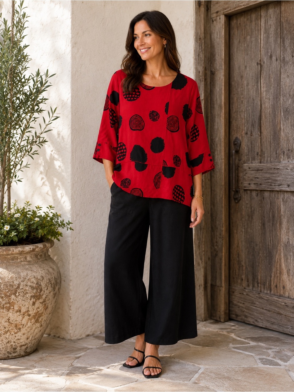 SHANA RED BLACK ART DECO LAGENLOOK SUMMER TO FALL WHISPY COMFY TUNIC TOP SZ L - Picture 2 of 6